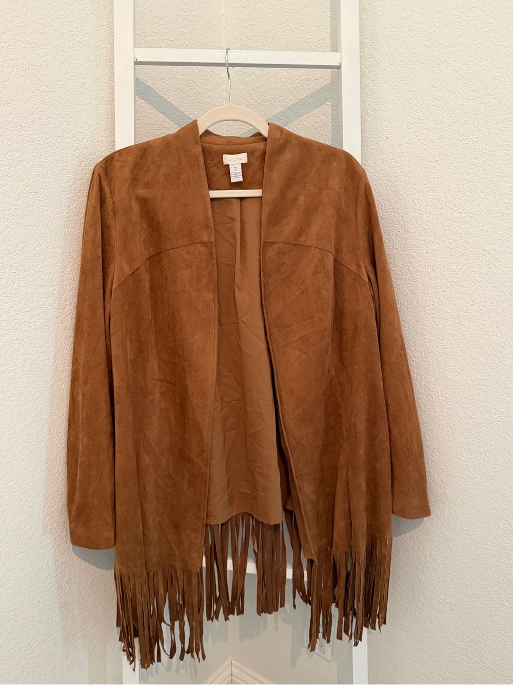 Chico’s Brown Faux Suede Fringe Jacket Size 2 Large Western Boho Open Front